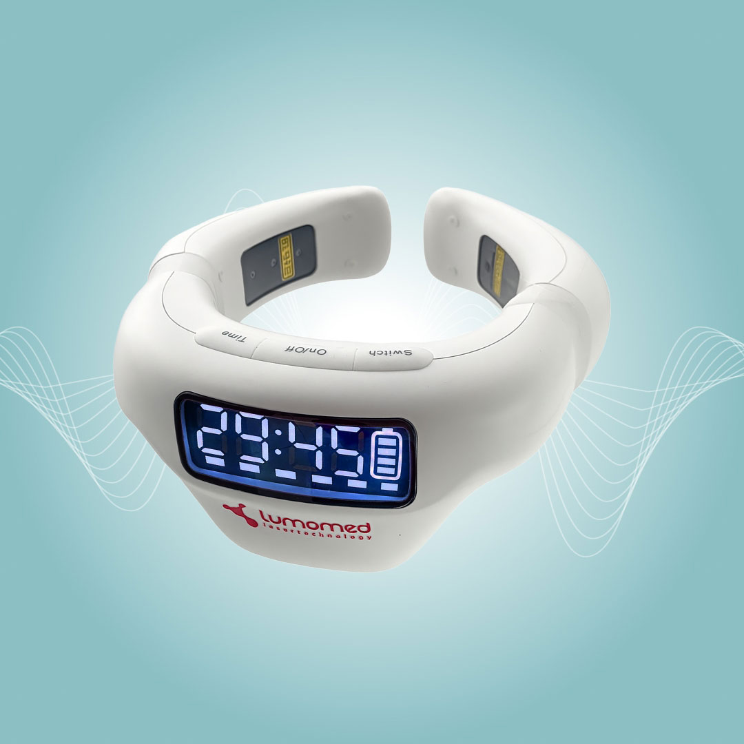 LumoHome Lasertherapie Produktfoto LumoHome Lasertherapie-Hoast – Produktaufnahme mit Display